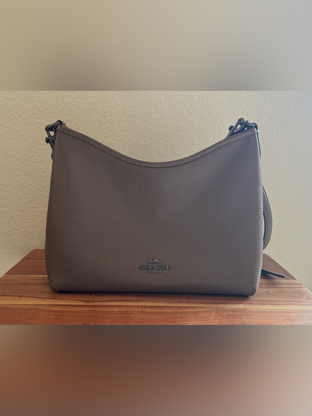 Coach Pebbled Leather Shoulder Bag in Dark Stone with gunmetal hardware